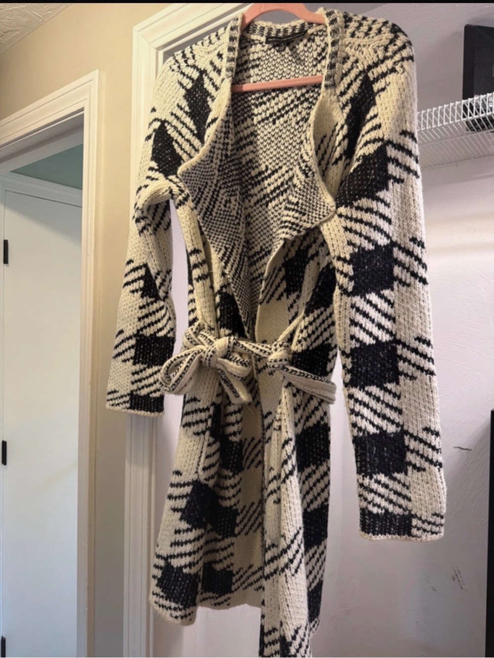 White House Black Market Black and Cream Plaid Belted Cardigan